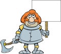 Cartoon smiling knight holding a sign and a battle axe.