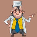 Cartoon smiling male doctor points his hand