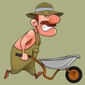 Cartoon smiling male gardener carrying a garden wheelbarrow