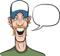 Cartoon smiling man in baseball cap with speech bubble