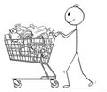 Cartoon of Smiling Man or Businessman Pushing Shopping Cart Full of Goods