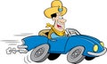 Cartoon smiling man in a cowboy hat driving a sports car Royalty Free Stock Photo
