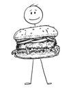 Cartoon of Smiling Man Holding Big Burger or Hamburger