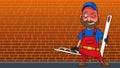 Cartoon man in red jumpsuit with tools for plaster wall Royalty Free Stock Photo