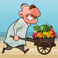 Cartoon smiling man rolls a garden wheelbarrow filled with fruits on the seashore