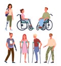 Cartoon smiling man and woman patient handicapped characters standing in row, sitting in wheelchair, holding crutches