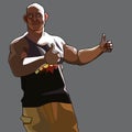 Cartoon smiling muscular man approvingly showing thumbs up Royalty Free Stock Photo