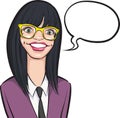 Cartoon smiling nerd girl in glasses with speech bubble