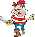 Cartoon smiling pirate holding a cutlass and a gold coin. Royalty Free Stock Photo