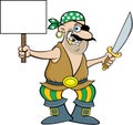 Cartoon smiling pirate holding a cutlass and a sign.