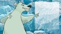 Cartoon smiling polar bear points to a billboard on ice background