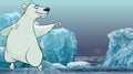 Cartoon smiling polar bear stands in ice