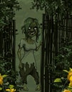 Cartoon smiling scary woman witch peeking out from behind the fence