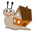 Cartoon smiling snail with a house on its back.