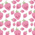 Cartoon smiling strawberry seamless pattern, texture, background, wallpapers, endless ornament, repeating print. Royalty Free Stock Photo