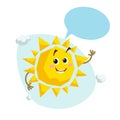 Cartoon smiling sun mascot. Weather and summer symbol. Shinning and speaking character with dummy speech bubble and little clouds.