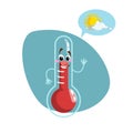 Cartoon smiling thermometer mascot. Weather funny symbol. Comfort climate speaking character. Speech bubble with sun and clouds. Royalty Free Stock Photo