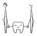 Cartoon smiling tooth holds hands with dental probe and mouth mirror in black lines