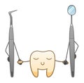 Cartoon smiling tooth holds hands with dental probe and mouth mirror