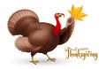 Cartoon smiling turkey bird with hand writting phrase Happy Thanksgiving Royalty Free Stock Photo