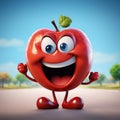 Cartoon smilling red apple with arms and legs on the road, Happy red apple emoticon with face expression character