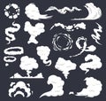 Cartoon smoke. Comic clouds, steaming smoke flows, steam explosion cloud. Dust, smog and smoke clouds isolated vector