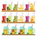 Cartoon smoothies. Orange, strawberry, berry, banana and avocado