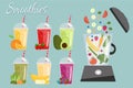 Cartoon smoothies. Orange, strawberry, berry, banana and avocado Royalty Free Stock Photo