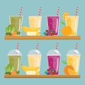 Cartoon smoothies. Orange, strawberry, berry, banana and avocado Royalty Free Stock Photo