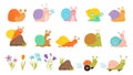 Cartoon snail and flowers. Floral insects, isolated stone grass cute snails. Summer kids wild animals, characters on