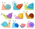 Cartoon snail. Garden snails mascots, cute little gastropods in colourful snail shells cartoon vector illustration set Royalty Free Stock Photo