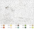 Cartoon snail on the green leaf. Math activity worksheet. Multiplication table. Color by number educational game