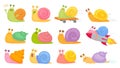Cartoon snails. Slug on on startup rocket, skateboard and sleeping, yawning and fast vector kids characters set