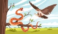 Cartoon snake nature. Eagle attacks snake on tree branch, natural habitat, suitable living conditions, venomous reptile Royalty Free Stock Photo