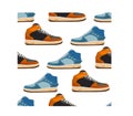 Cartoon sneakers seamless texture. Fashionable sneakers side view. Flat style. Vector