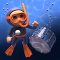 Cartoon snorkel diver playing the drums under the sea, 3d illustration