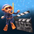 Cartoon snorkel scuba diver underwater and looking at a movie makers film slate, 3d illustration