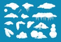 Cartoon snow caps. Frozen drips and icicles with snowballs and snow drifts, winter decoration frame elements. Vector set Royalty Free Stock Photo