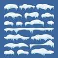 Cartoon snow caps, snowdrifts and icicles. Snowy christmas decoration vector elements