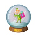 Cartoon snow glass globe with elf character inside. Vector illustration Royalty Free Stock Photo