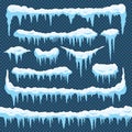 Cartoon snow icicles. Icicle ice with snowcap on top. Winter snowing borders for christmas cards design. Frost frames vector set Royalty Free Stock Photo