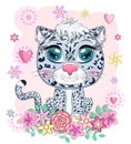 Cartoon snow leopard with expressive eyes. Wild animals, character, childish cute style