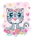 Cartoon snow leopard with expressive eyes. Wild animals, character, childish cute style