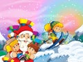 Cartoon snow scene with santa claus with kids and another skiing - illustration Royalty Free Stock Photo