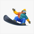 a cartoon snowboarder extreme riding on white