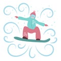 Cartoon snowboarder jumping on the board. Winter sport. The guy is snowboarding in winter clothes.