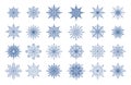 Cartoon snowflakes. Winter geometrical ornamental frozen water symbols. Christmas snow decorations mockup. Blue flakes