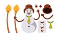 Cartoon Snowman Creation Kit. Winter Personage Body Parts, Hands, Face Emotions, Eyes, Nose And Mouth. Gestures, Tie