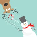 Cartoon Snowman and deer. Blue background. Candy cane. Merry Christmas card. Flat design Royalty Free Stock Photo