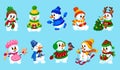 Cartoon snowman. Happy snowmen collection, snow winter characters in hat and scarfs. Christmas symbol, xmas kids cute Royalty Free Stock Photo